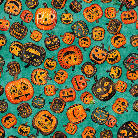 SALE Creepin' It Real Pumpkin Toss 30387 Jade Q - by QT Fabrics - Quilting Cotton Fabric
