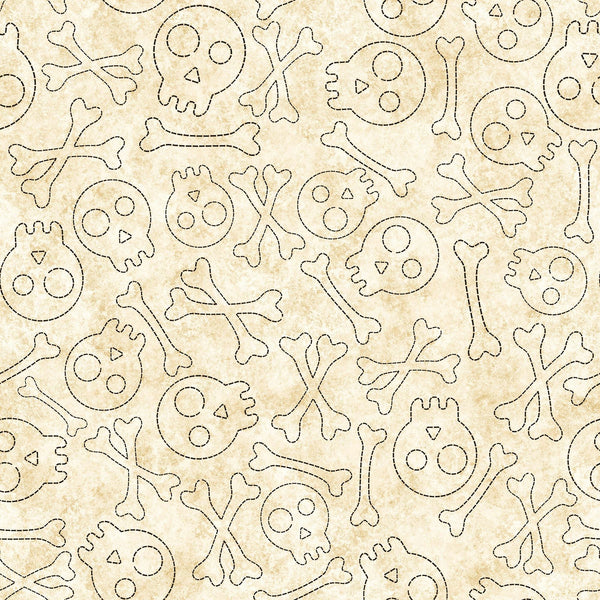 SALE Creepin' It Real Sitched Skulls 30391 Cream E - by QT Fabrics - Halloween - Quilting Cotton Fabric