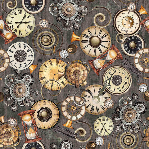 Steampunk Adventures 29564 Clock Toss K - by QT Fabrics - Victorian Motifs Clocks - Quilting Cotton Fabric