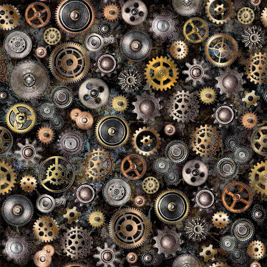 Fat Quarter End of Bolt - SALE Steampunk Adventures 29565 Gears J - by QT Fabrics - Victorian Motifs - Quilting Cotton Fabric