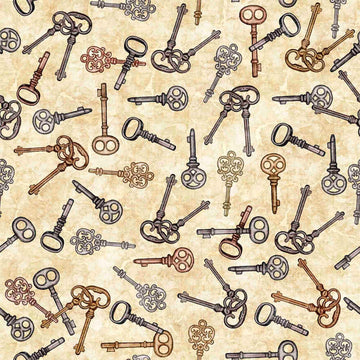SALE Steampunk Adventures 29566 Key Toss E - QT Fabrics - Victorian Motifs Keys - Quilting Cotton Fabric