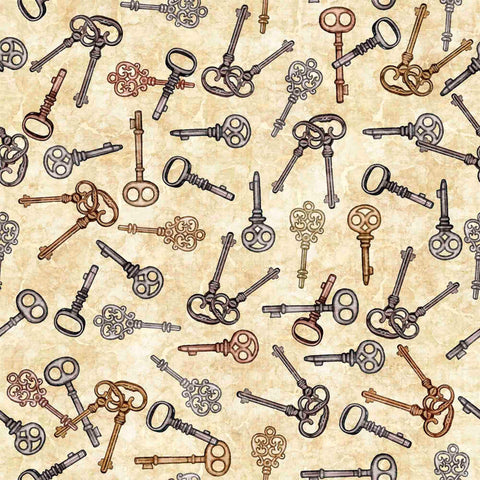 Steampunk Adventures 29566 Key Toss E - by QT Fabrics - Victorian Motifs Keys - Quilting Cotton Fabric