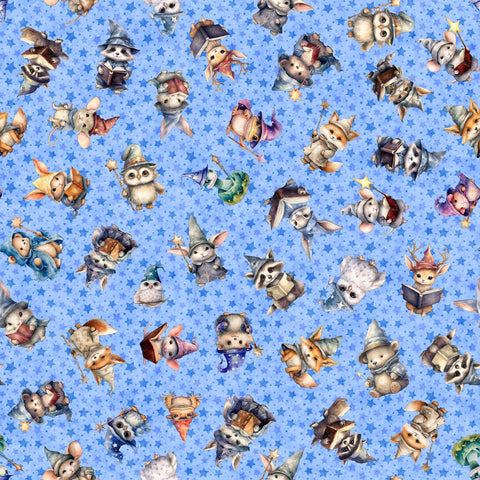 Lil' Wizards Wizard Toss 30551 Blue - by QT Fabrics - Baby Animals Hat Magic Wands Spells Stars - Quilting Cotton Fabric