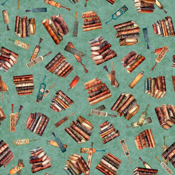 Fat Quarter End of Bolt - SALE Bookworm Stacked Book Toss 30449 Dark Sage G - QT Fabrics - Bookmark Novels Pile - Quilting Cotton Fabric