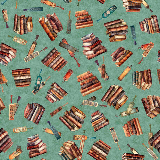 Fat Quarter End of Bolt - SALE Bookworm Stacked Book Toss 30449 Dark Sage G - QT Fabrics - Bookmark Novels Pile - Quilting Cotton Fabric