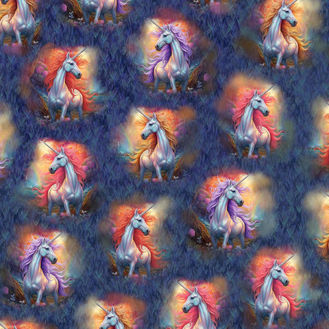 SALE Mystical Unicorn Unicorn Vignettes 30611 Navy N - by QT Fabrics - Magic Horns Trees Fantasy - Quilting Cotton Fabric