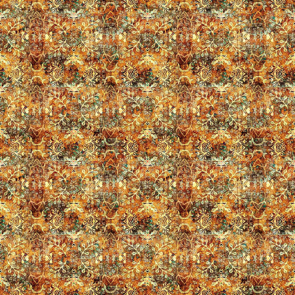 Bookworm Textured Leaf Medallion 30455 Amber S - by QT Fabrics - Leaves Sprigs Geometric - Quilting Cotton Fabric