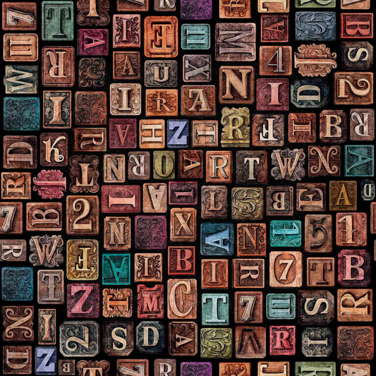 13" End of Bolt- Bookworm Letter Blocks 30451 Multi X - by QT Fabrics - Stamps Squares Alphabet - Quilting Cotton Fabric