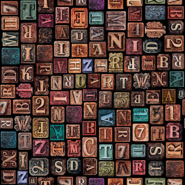Bookworm Letter Blocks 30451 Multi X - by QT Fabrics - Stamps Squares Alphabet - Quilting Cotton Fabric