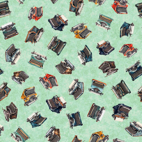 Bookworm Typewriter Toss 30448 Sage H - by QT Fabrics - Qwerty Teleprinter Machine Keyboard - Quilting Cotton Fabric