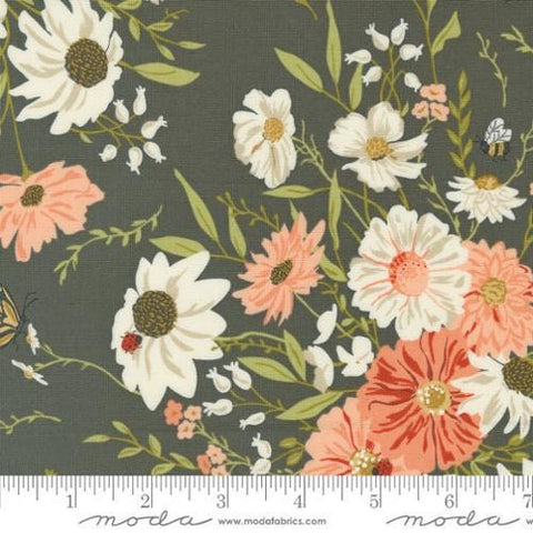 Image of the Farmstead  Main Charcoal quilting cotton fabric by Stacy Iest Hsu for Moda Fabrics. Features large flowers and blossoms on a charcoal gray background. 
Cute Little Fabric Shop