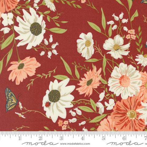 Image of the Farmstead  Main Baked Beans quilting cotton fabric by Stacy Iest Hsu for Moda Fabrics. Features large flowers and blossoms on a redwood background. 
Cute Little Fabric Shop