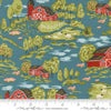 Image of the Farmstead Landscape Overalls quilting cotton fabric by Stacy Iest Hsu for Moda Fabrics. Features a farm landscape scene on a blue background. 
Cute Little Fabric Shop