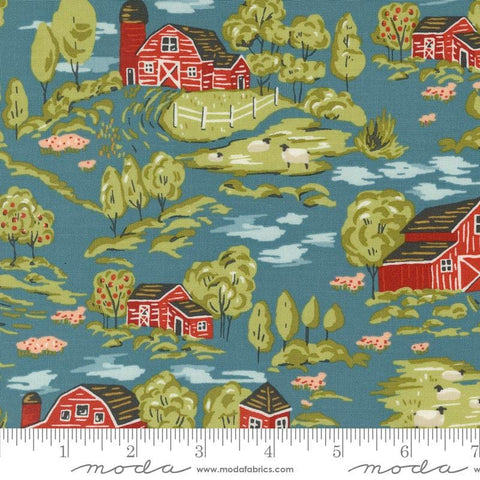 Image of the Farmstead Landscape Overalls quilting cotton fabric by Stacy Iest Hsu for Moda Fabrics. Features a farm landscape scene on a blue background. 
Cute Little Fabric Shop