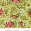 Image of the Farmstead Landscape Celery quilting cotton fabric by Stacy Iest Hsu for Moda Fabrics. Features a farm landscape scene on a light green background. 
Cute Little Fabric Shop