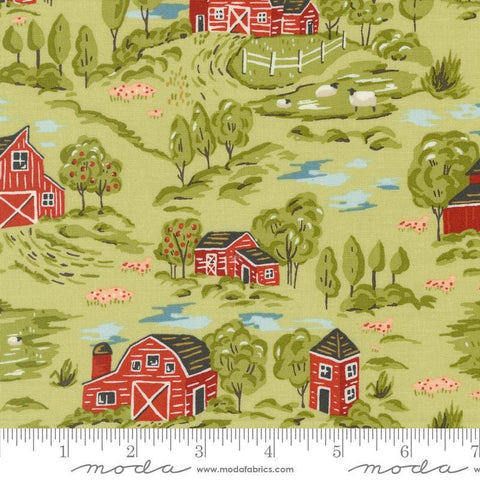 Image of the Farmstead Landscape Celery quilting cotton fabric by Stacy Iest Hsu for Moda Fabrics. Features a farm landscape scene on a light green background. 
Cute Little Fabric Shop