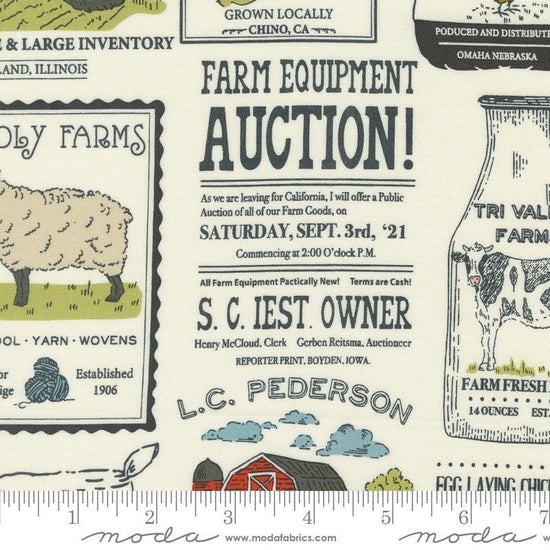 Image of the Farmstead Advertisements Porcelain quilting cotton fabric by Stacy Iest Hsu for Moda Fabrics. Features novelty farm advertisements on a cream background. 
Cute Little Fabric Shop