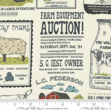 Image of the Farmstead Advertisements Porcelain quilting cotton fabric by Stacy Iest Hsu for Moda Fabrics. Features novelty farm advertisements on a cream background. 
Cute Little Fabric Shop