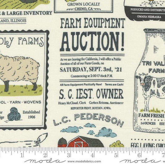 Image of the Farmstead Advertisements Porcelain quilting cotton fabric by Stacy Iest Hsu for Moda Fabrics. Features novelty farm advertisements on a cream background. 
Cute Little Fabric Shop
