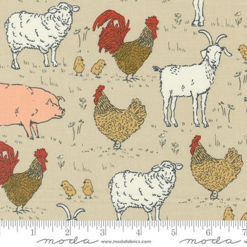 Image of the Farmstead Animals Linen quilting cotton fabric by Stacy Iest Hsu for Moda Fabrics. Features novelty farm animals on a beige background. 
Cute Little Fabric Shop