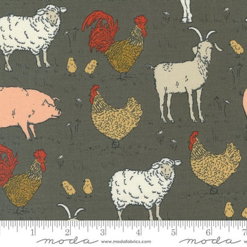 Image of the Farmstead Animals Charcoal quilting cotton fabric by Stacy Iest Hsu for Moda Fabrics. Features novelty farm animals on a dark grey background. 
Cute Little Fabric Shop