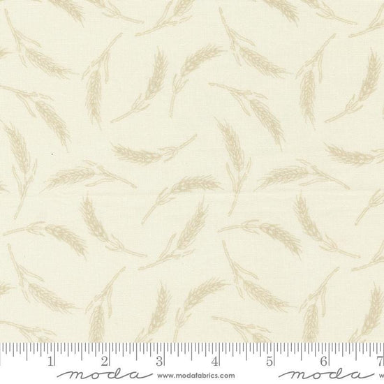 Image of the Farmstead Wheat Porcelain quilting cotton fabric by Stacy Iest Hsu for Moda Fabrics. Features small pieces of wheat on a cream background. 
Cute Little Fabric Shop