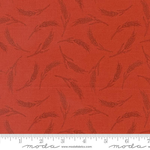 Image of the Farmstead Wheat Copper quilting cotton fabric by Stacy Iest Hsu for Moda Fabrics. Features small pieces of wheat on a red background. 
Cute Little Fabric Shop