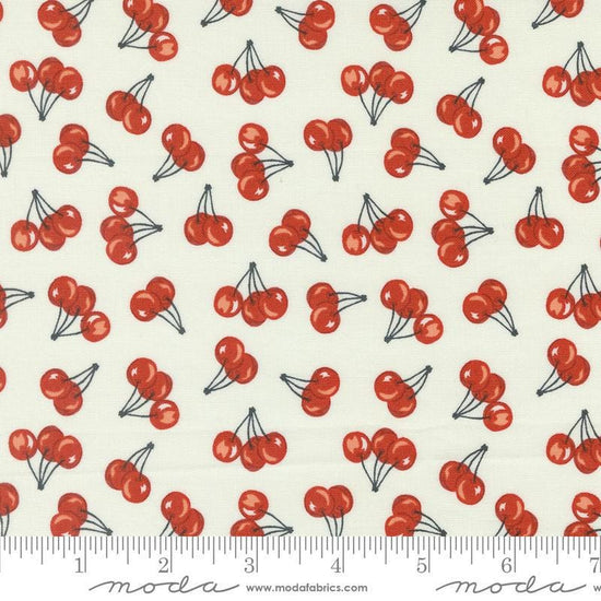 Image of the Farmstead Cherries Porcelain quilting cotton fabric by Stacy Iest Hsu for Moda Fabrics. Features small cherries on a cream background. 
Cute Little Fabric Shop