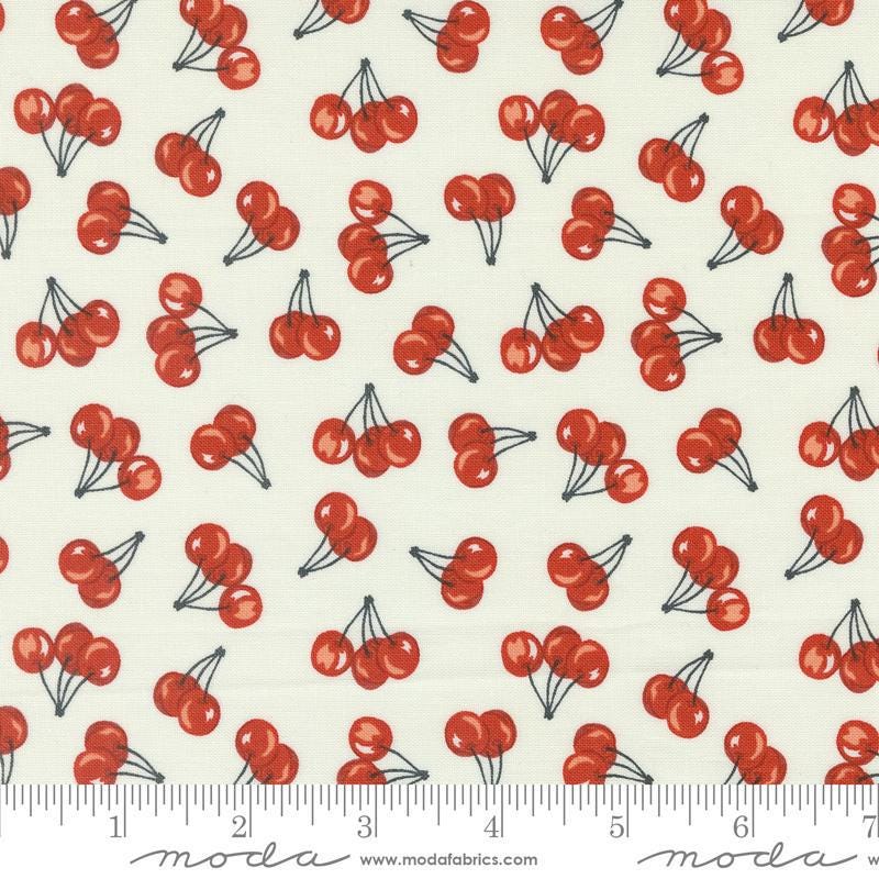 Image of the Farmstead Cherries Porcelain quilting cotton fabric by Stacy Iest Hsu for Moda Fabrics. Features small cherries on a cream background. 
Cute Little Fabric Shop