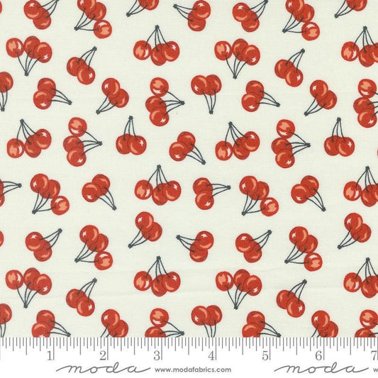 Image of the Farmstead Cherries Porcelain quilting cotton fabric by Stacy Iest Hsu for Moda Fabrics. Features small cherries on a cream background. 
Cute Little Fabric Shop