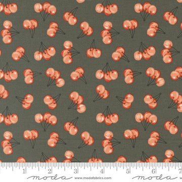 Image of the Farmstead Cherries Charcoal quilting cotton fabric by Stacy Iest Hsu for Moda Fabrics. Features small cherries on a grey brown background. 
Cute Little Fabric Shop