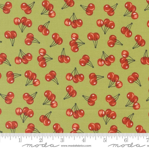 Image of the Farmstead Cherries Clover quilting cotton fabric by Stacy Iest Hsu for Moda Fabrics. Features small cherries on a lime green background. 
Cute Little Fabric Shop