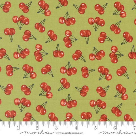 Image of the Farmstead Cherries Clover quilting cotton fabric by Stacy Iest Hsu for Moda Fabrics. Features small cherries on a lime green background. 
Cute Little Fabric Shop