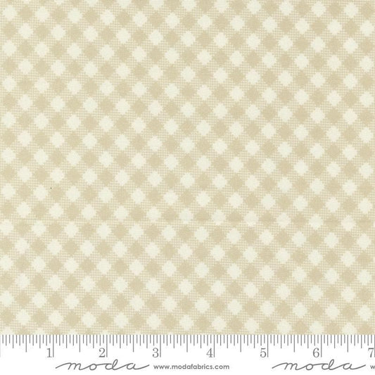 Image of the Farmstead Gingham Linen quilting cotton fabric by Stacy Iest Hsu for Moda Fabrics. Features printed diagonal gingham on a beige background. 
Cute Little Fabric Shop