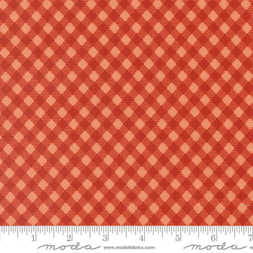 Image of the Farmstead Gingham Copper quilting cotton fabric by Stacy Iest Hsu for Moda Fabrics. Features printed diagonal gingham on a red background. 
Cute Little Fabric Shop