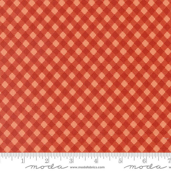 Image of the Farmstead Gingham Copper quilting cotton fabric by Stacy Iest Hsu for Moda Fabrics. Features printed diagonal gingham on a red background. 
Cute Little Fabric Shop