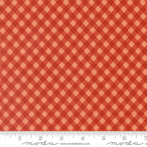 Image of the Farmstead Gingham Copper quilting cotton fabric by Stacy Iest Hsu for Moda Fabrics. Features printed diagonal gingham on a red background. 
Cute Little Fabric Shop