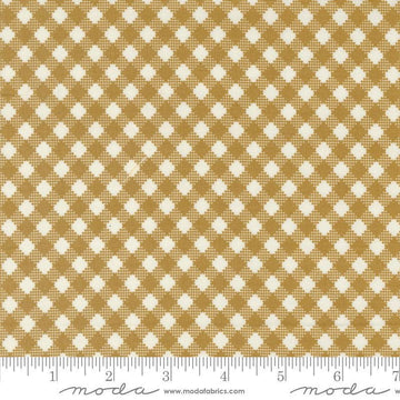 Image of the Farmstead Gingham Haystack quilting cotton fabric by Stacy Iest Hsu for Moda Fabrics. Features printed diagonal gingham on a mustard background. 
Cute Little Fabric Shop