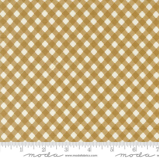 Image of the Farmstead Gingham Haystack quilting cotton fabric by Stacy Iest Hsu for Moda Fabrics. Features printed diagonal gingham on a mustard background. 
Cute Little Fabric Shop