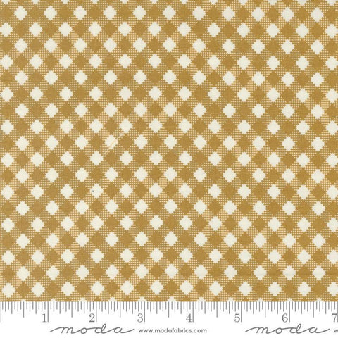 Image of the Farmstead Gingham Haystack quilting cotton fabric by Stacy Iest Hsu for Moda Fabrics. Features printed diagonal gingham on a mustard background. 
Cute Little Fabric Shop
