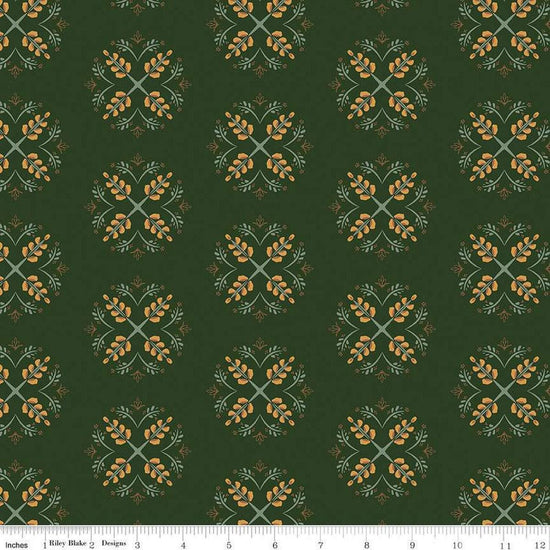 Dark forest green colored quilting cotton fabric with geometric flowers, leaves, and stems. 
Cute Little Fabric Shop