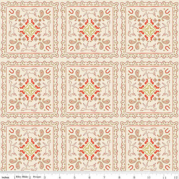 Wild Rose Bandanas C14046 Cream by Riley Blake Designs - Flowers Paisleys Horseshoes Horses Western - Quilting Cotton Fabric