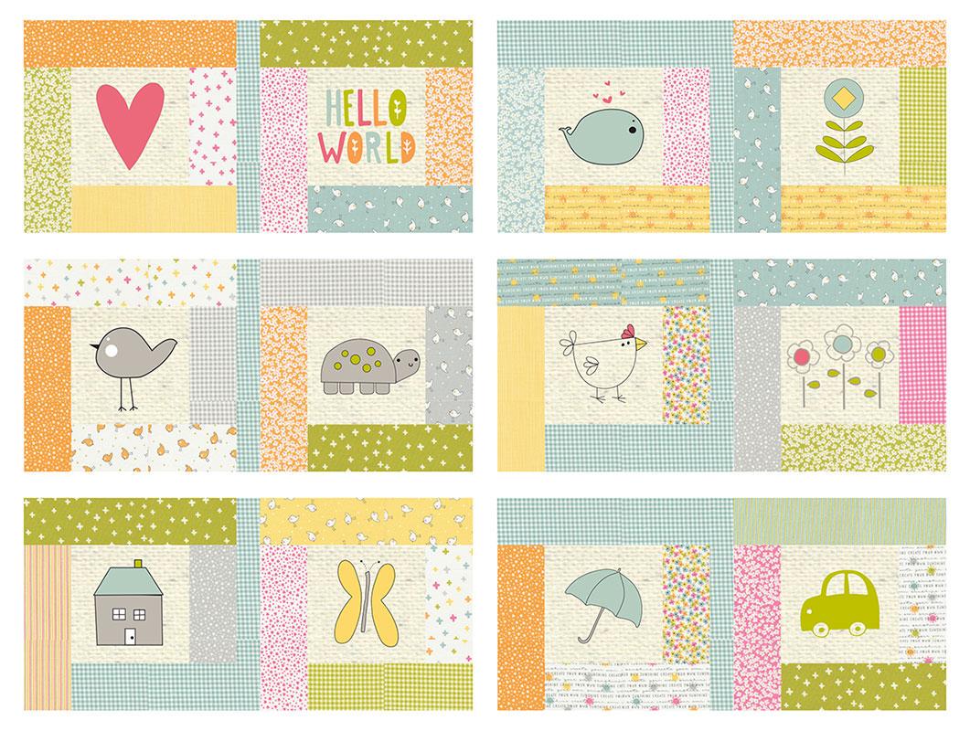 Image of the Hello World Kid's Book quilt pattern by Sweetwater for Moda Fabrics. Features a quilt project with baby shower pictures on it.
Cute Little Fabric Shop