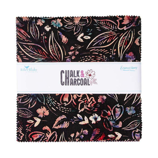 Image of the Expressions Batiks Chalk and Charcoal 10 inch Stacker B. Features floral batik flowers with red, orange, and pink colors. 
Cute Little Fabric Shop