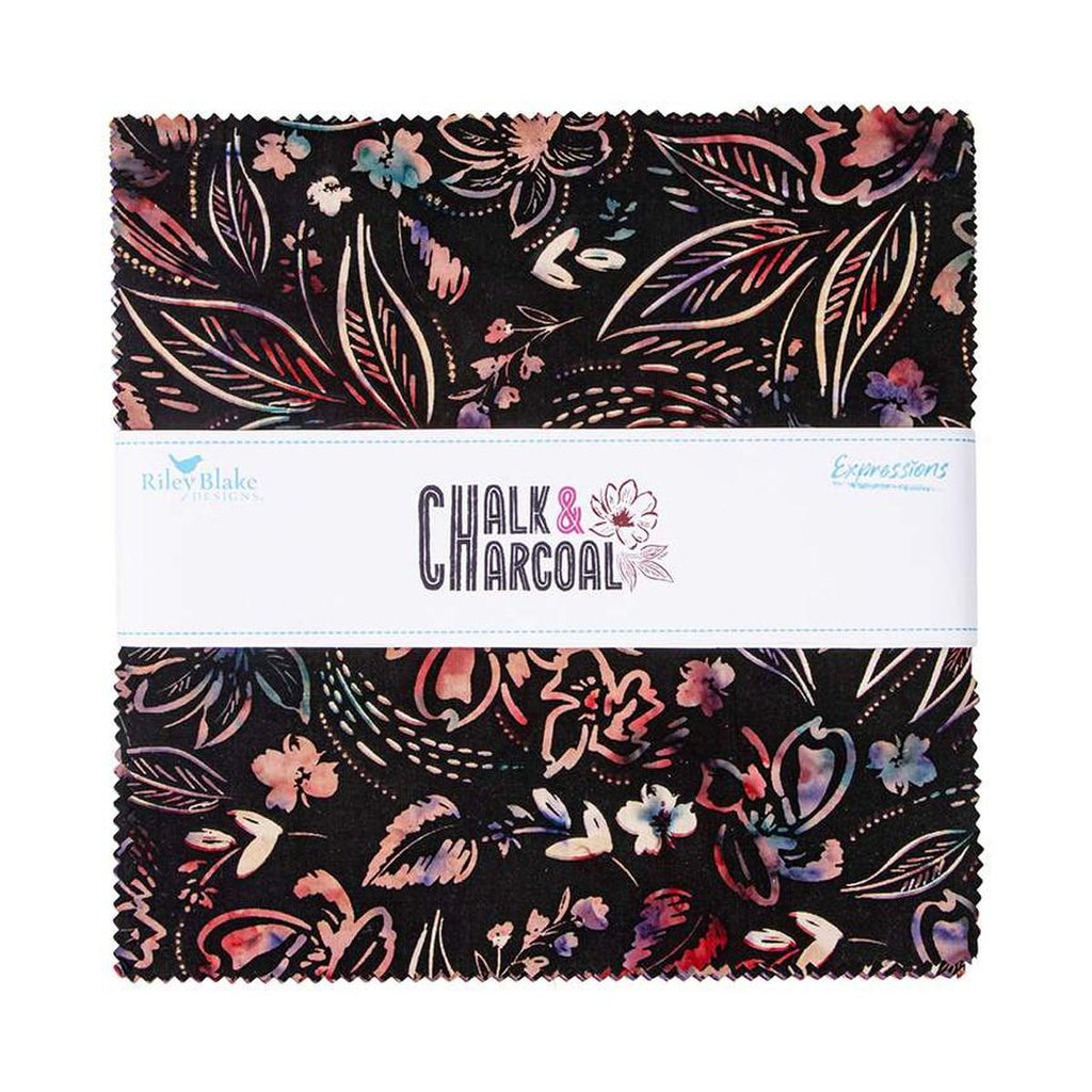 Image of the Expressions Batiks Chalk and Charcoal 10 inch Stacker B. Features floral batik flowers with red, orange, and pink colors. 
Cute Little Fabric Shop