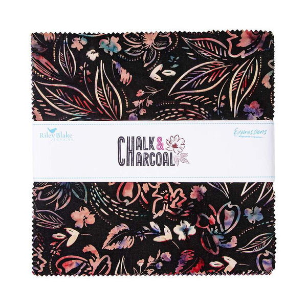 Image of the Expressions Batiks Chalk and Charcoal 10 inch Stacker B. Features floral batik flowers with red, orange, and pink colors. 
Cute Little Fabric Shop