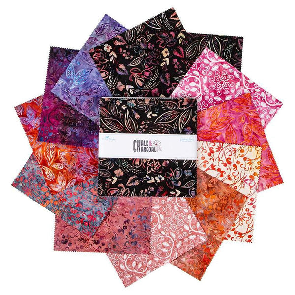 Image of the Expressions Batiks Chalk and Charcoal 10 inch Stacker B. Features floral batik flowers with red, orange, and pink colors. 
Cute Little Fabric Shop