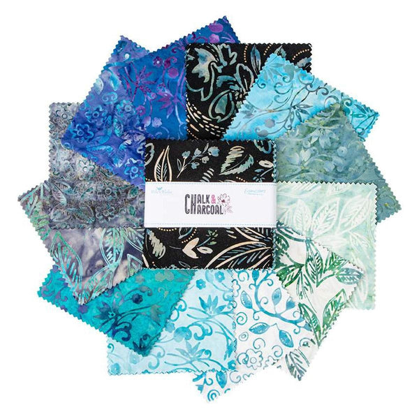 Image of the Expressions Batiks Chalk and Charcoal 5 inch Stacker A. Features floral batik flowers with teal, blue, and green colors. 
Cute Little Fabric Shop