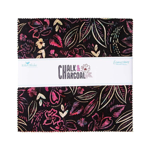 Image of the Expressions Batiks Chalk and Charcoal 10 inch Stacker C. Features floral batik flowers with blue, teal, pink, purple and green colors. 
Cute Little Fabric Shop