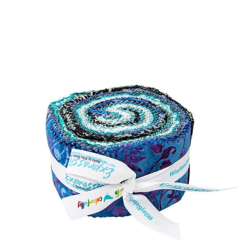 Image of the Expressions Batiks Chalk and Charcoal Rolie Polie A. Features floral batik flower fabrics with blue, black, and teal colors. 
Cute Little Fabric Shop